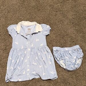 Little Sleepies Blue and White Striped Bunny Dress and bloomer